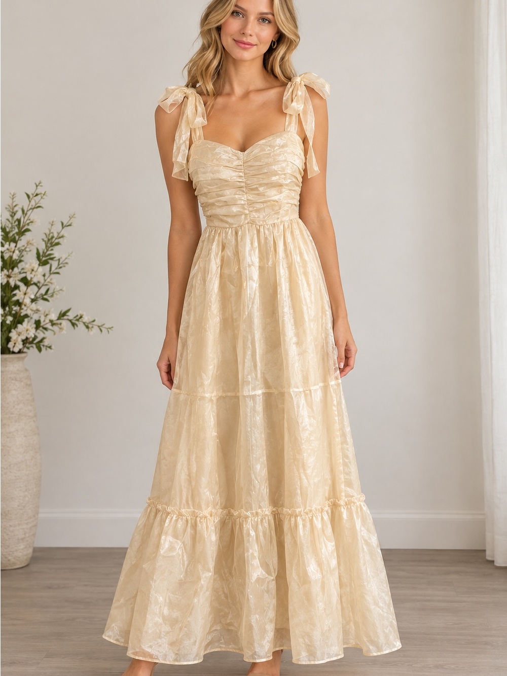 In February Romantic Cream Maxi Dress with Ruched Bodice and Tie Straps